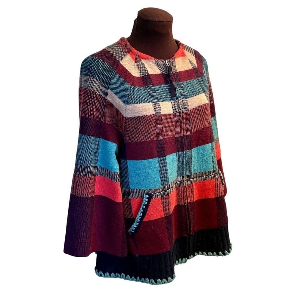 Anthopologie HWR Monogram Wool Blend Red Plaid Swing Cardigan Zip size Small